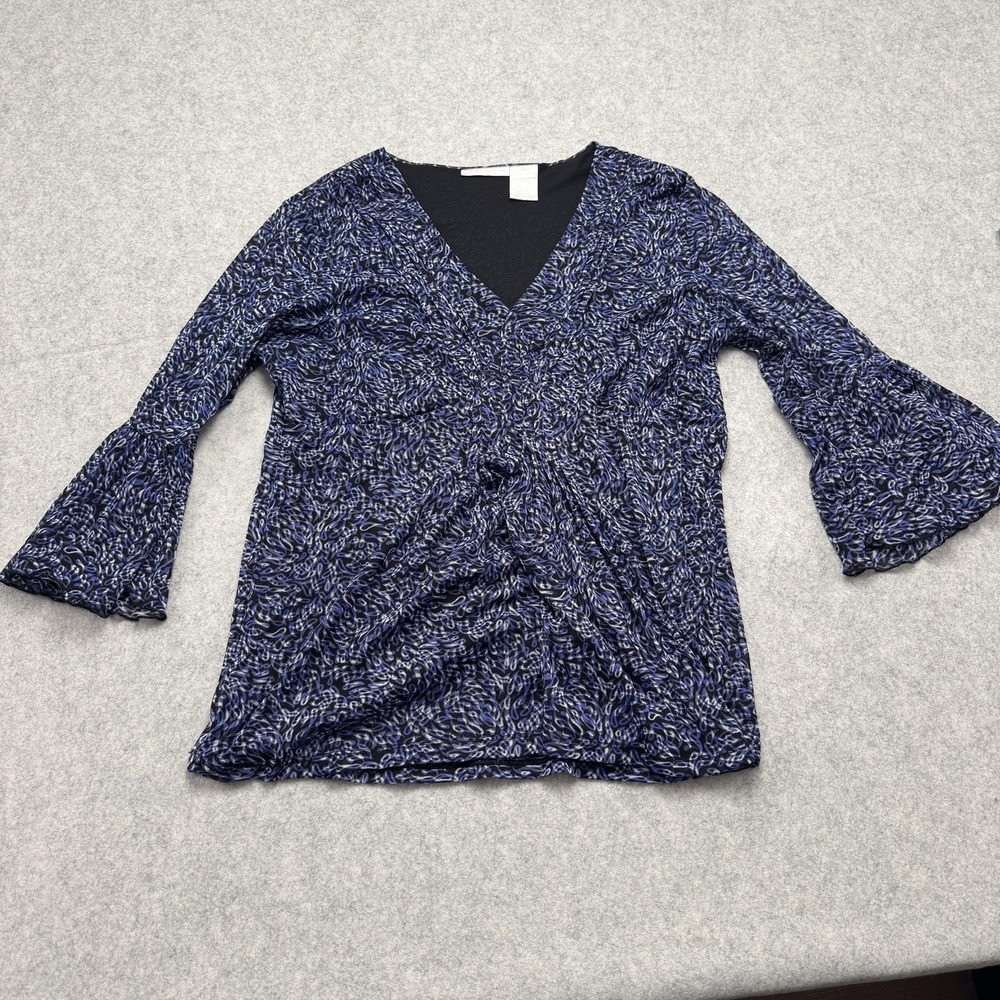 Worthington Blouse Womens XL Blue Geometric Bell 3/4 Sleeve V Neck Top
